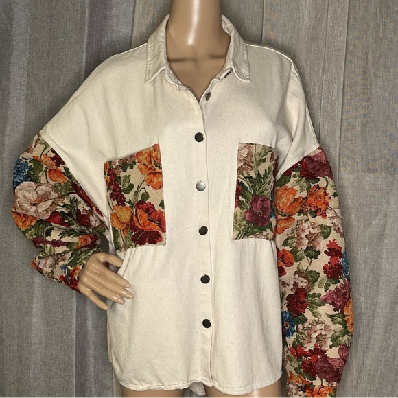 POL JACQUARD FLORAL VINTAGE CONTRAST SLEEVE SHACKET Cream Medium - Picture 3 of 13